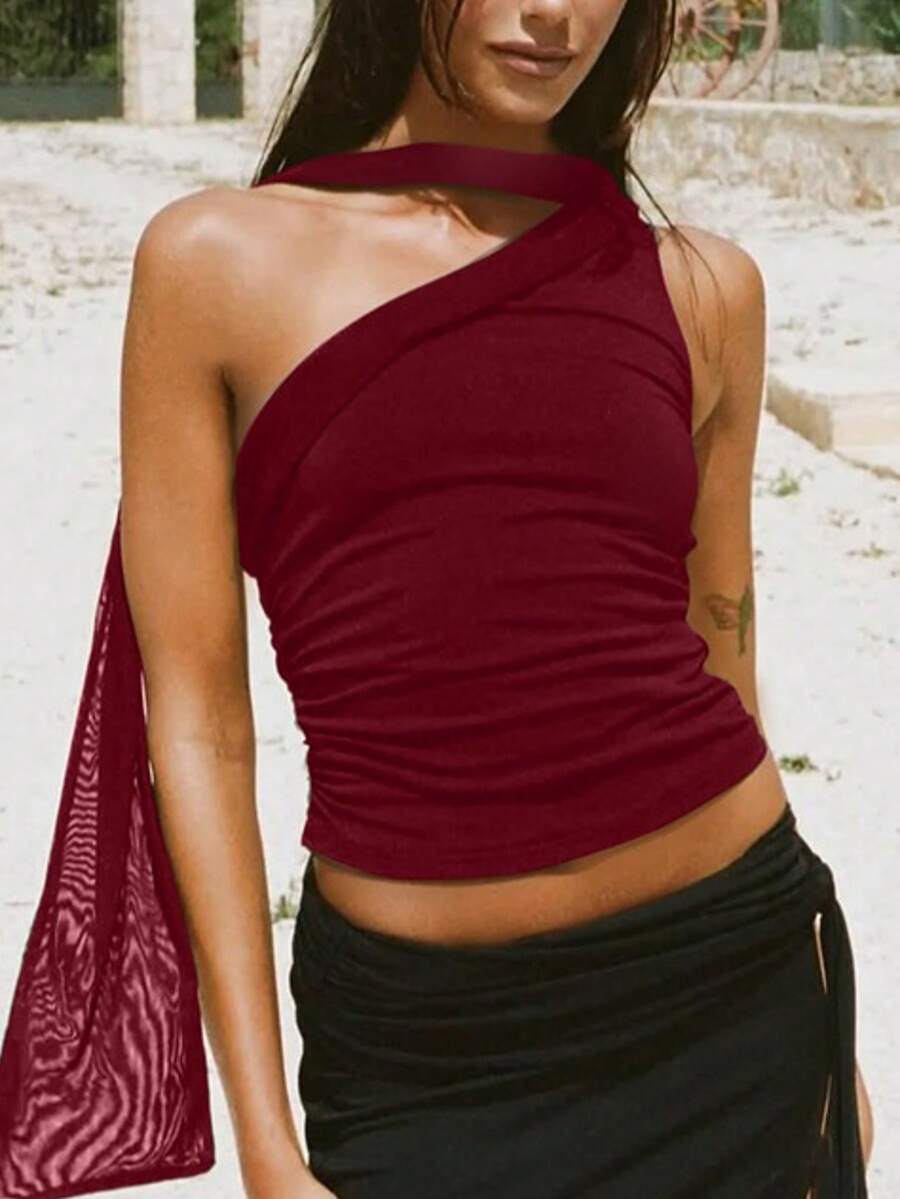Women's Burgundy Fitted Crop Camisole Fashion Street Style Party Vacation Spring Summer 2026 - 酒紅色 - 查看 1
