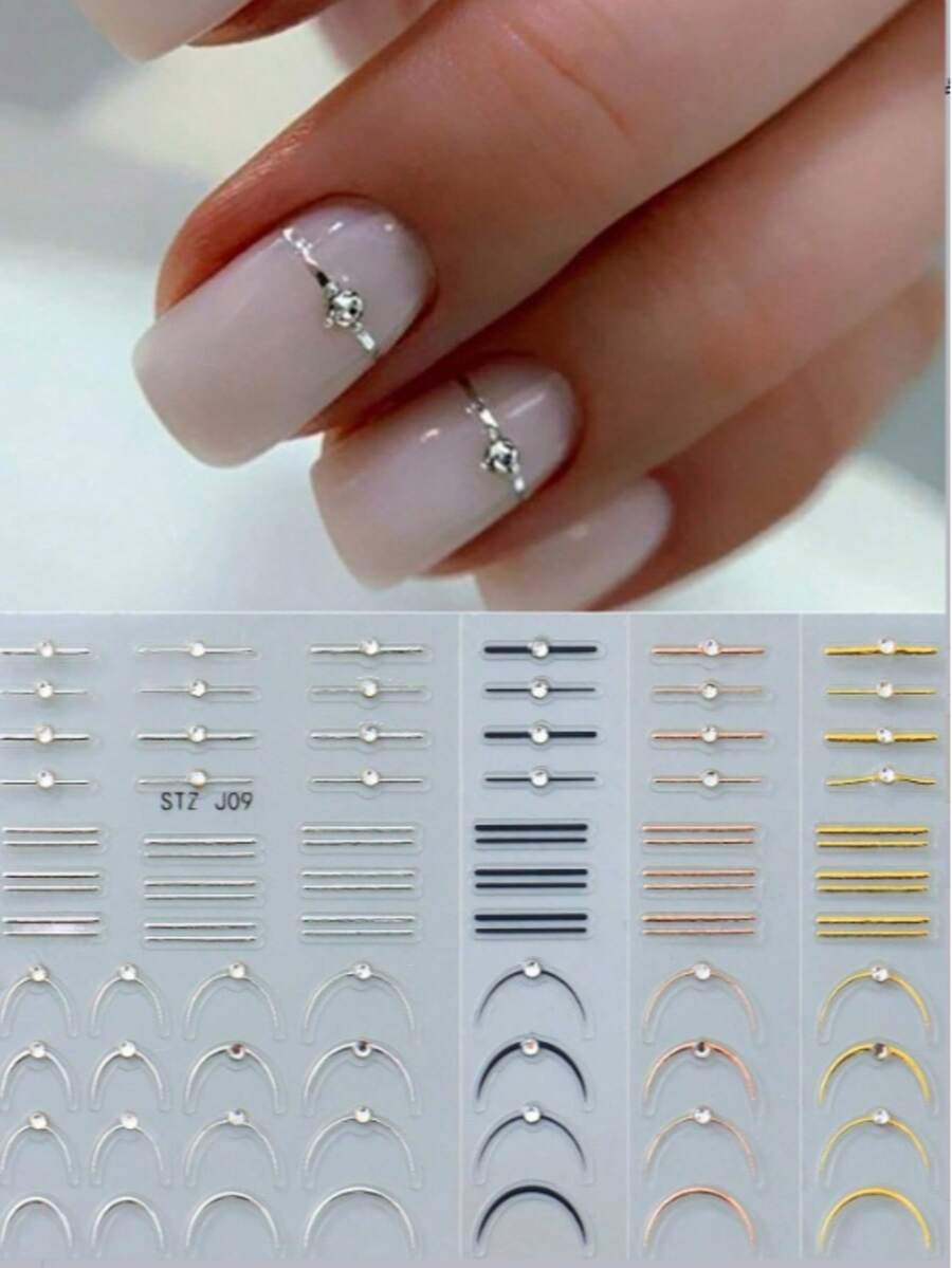 French Line Nail Stickers, Embossed Rhinestone Striped Wavy Y2K Metallic Embossed Curved Japanese Design Nail Art Decorations - 彩色 - 查看 1