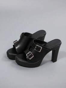 Summer New Black Double Buckle Thick Sole High Heel Slide Sandals, Versatile For Commuting And Dating, Increase Height - Black - View 3