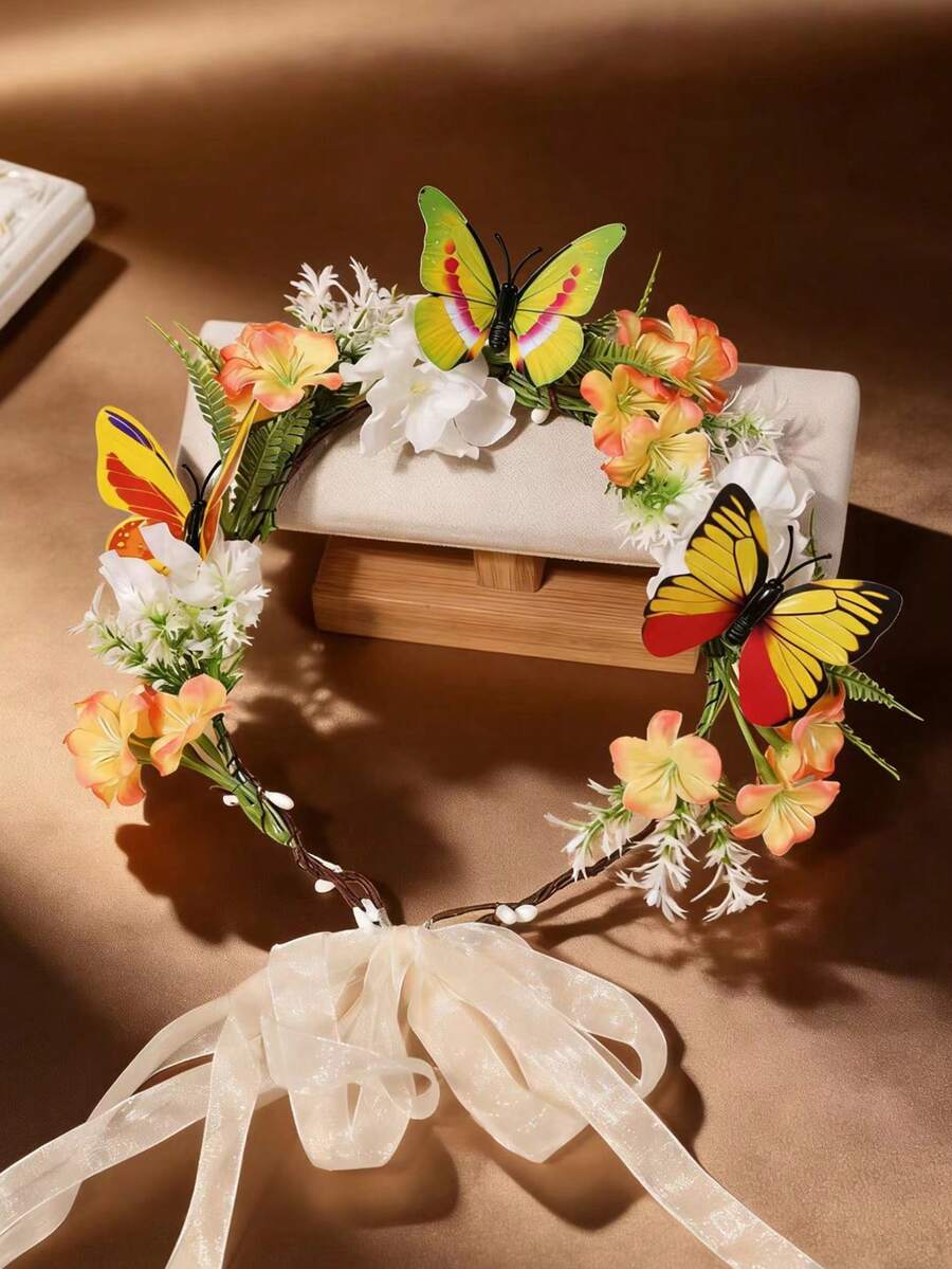 1pc Realistic Butterfly Bohemian Floral Wreath, Romantic Bridal Wedding Decor (Butterfly Pattern And Shape Are Randomly Selected, Special Craftsmanship, Please Purchase Carefully),Festival,Party - Orange - View 1