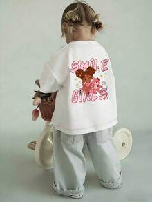 Blusa casual blanca de manga corta y cuello redondo para bebé niña con estampado gráfico de oso lindo - Blanco - Ver 2
