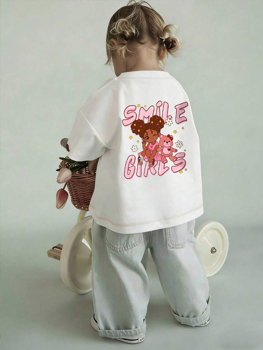 Baby Girls Cute Bear Graphic Print Round Neck Short Sleeve Casual White Top - White - View 1
