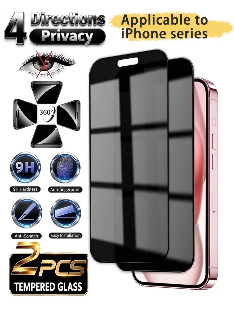 Bộ 2 miếng dán màn hình cường lực chống nhìn trộm 360°, tương thích với Apple 11/12/13/14/15/16/16 Plus/16 Pro/16 Pro Max/16e/17/17e/17 Air/17 Pro/17 Pro Max, bảo vệ riêng tư 4 mặt, kính cường lực chống hư hại, cảm ứng mượt mà, không độ trễ. - màu đen - Xem 1