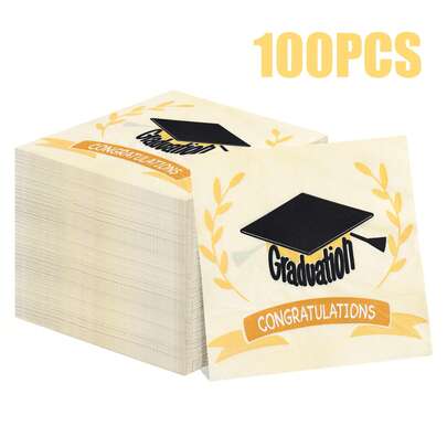 100/60/20pcs 13 * 13 Inch Graduation Season Themed Disposable Napkins, Black Bachelor's Hat, "Graduation" Lettering, "CONGRATULATION" Congratulatory Message, And Gold Laurel Leaf Decoration. Suitable For Various Occasions Such As Graduation Parties, Graduation Ceremonies, Graduation Teacher Appreciation Banquets, Class Celebrations, Student Gatherings, Academic Celebrations, Degree Awarding Ceremonies, Etc.