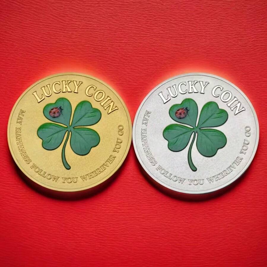 1pc Colorful Embossed Four-Leaf Clover Lucky Commemorative Coin, Lucky Coin, Unique Collectible Souvenir Gift, Available In 2 Colors - Gold - View 1