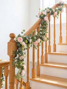 1 pieza Corona de flores artificiales, corona floral de eucalipto de primavera con peonía vintage, rosa y vid, hojas verdes, decoración de pared, decoración de arco de boda, decoración de fiesta - Rosa Pálido - Ver 8