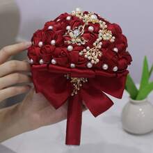 1件手工缎带玫瑰新娘婚礼捧花，闪亮蝴蝶水晶缎带玫瑰婚礼捧花，酒红色布艺永生花，布艺玫瑰捧花 W322G - 酒紅色 - 查看 6