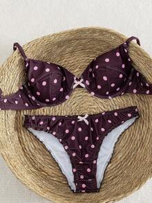 Sexy & Sweet Retro Polka Dot Bikini 2-Piece Set, Bowknot Camisole Top + Ruffle Trim Swim Bottoms, Essential Beach Holiday Swimwear Vacation Summer - Purple - View 3
