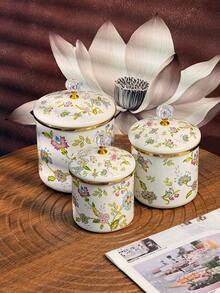 Retro Floral Pattern Acrylic Rhinestone Lid Enamel Canister + Coffee/Tea/Sugar/Spice Jar + Suitable For Living Room Desk Decor/Kitchen Storage/Dining Table Canisters + Can Be A Thoughtful Small Gift For Friends And Family - View 9