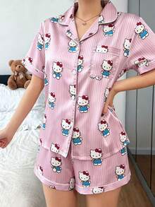 Sanrio Hello Kitty 2026 Kate Kitty 絲綢睡衣套裝，短袖前開鈕扣領口蝴蝶結卡通可愛款，前鈕扣口袋對比滾邊 - 粉色 - 查看 3