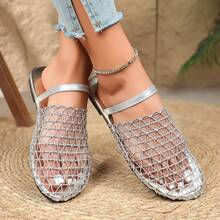 时尚宽网眼镂空罗马凉鞋，女士平底圆头新款渔夫拖鞋，夏季必备 - 銀色 - 查看 11