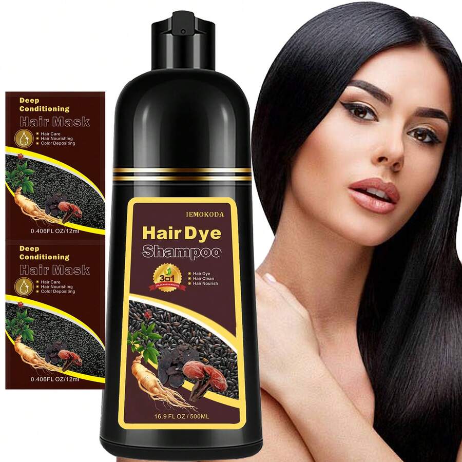 FVQUHVO Champú 3 en 1 para cabello teñido negro, para cabello teñido, cobertura total de canas para mujeres y hombres, duración de 30 días, fácil de usar, 500 ml