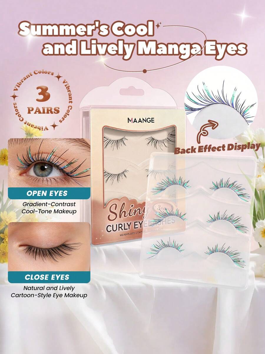 MAANGE 3 Pairs Summer Cool Manga&Transparent Stem False Eyelashes, Blue-Green Gradient Wispy Lashes With Invisible Flexible Band, Reusable Colorful Anime Lashes For Daily, Date, Party, Concert, Music Festival, Cosplay & Y2K Style Makeup,Shiny Curly,Vibrant Colors - Multicolor - View 1