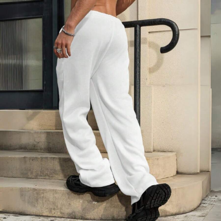 Men's Baggy Wide Leg Cargo Pants, Casual, Comfortable, Lined, Plain - trắng - Xem 1