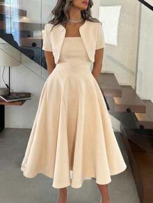 2pcs Elegant & Casual Minimalist Commute Office Daily Wear Dresses Set For Women, Spring/Summer - Champagne - View 7