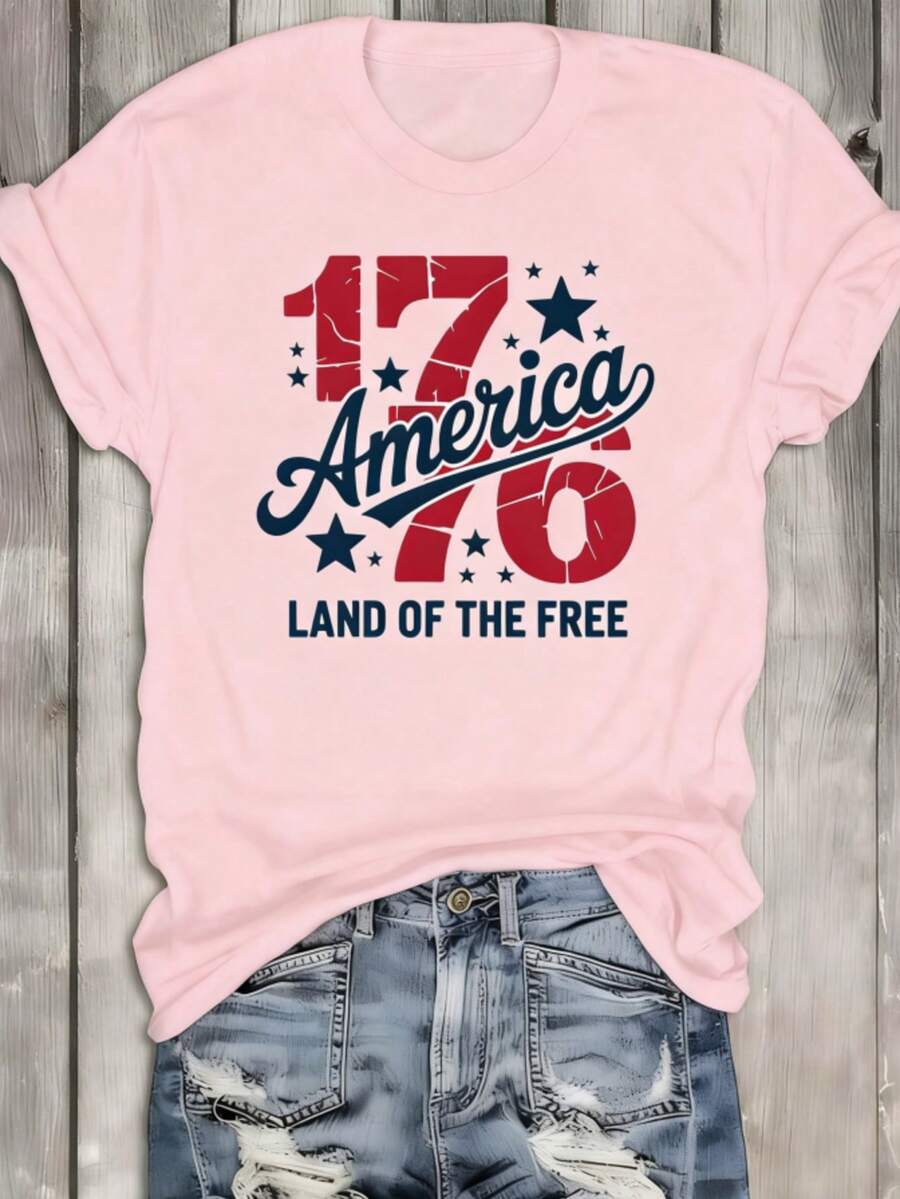 1 Piece Of 1776 American Freedom T-Shirt, Round Neck White Shirt, Women's "America 1776" T-Shirt – Vintage Distressed 1776 & Star Graphic Crew Neck Te - 粉色 - 查看 1