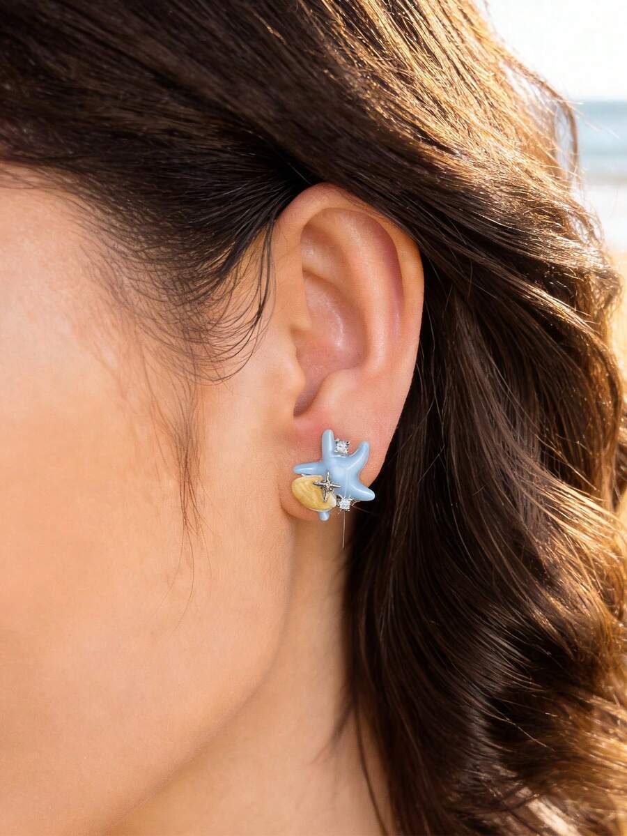 1对925纯银珐琅滴油海星贝壳锆石耳环，蓝色海星耳环，女士海滩度假风，派对耳环，精致珠宝首饰 - 藍色海星貝殼耳環 - 查看 1