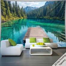 2D Flat - 2D Flat - 1pc Of 2D Flat Print Featuring An Ultra-Large 126 By 94.5 Inches Tapestry Of Emerald Lake Mountain Forest. This HD Digital Print Showcases A Stunning Nature Landscape, Perfect For Home Decoration In Your Bedroom Or Living Room - White - View 2