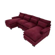 Modern 107.87" U-Shaped Chenille Cloud Sofa With Two Recliners-A Soft And Comfortable 4-Seater Modular Sofa Bed Featuring Double Side Storage Pockets And Cushions Pillows. Filled With High-Density Sponge And Designed For Ergonomic Comfort, Features Sturdy And Durable Wooden Frame. Suitable For Living Rooms, Bedrooms, Offices, And Apartments.(Wine Red) - Burgundy - View 9