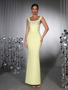 Sexy One-Shoulder Square Neck Sleeveless Sparkling Rhinestone Bodycon Mini Dress, Suitable For Dates, Singles Parties, Gatherings, Balls, Graduations, Galas, Weddings, Formal Occasions, Evening Gowns - Light Yellow - View 2