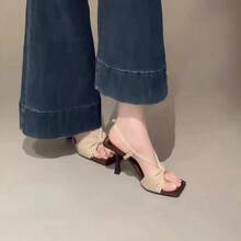 2026 Summer Beige New Square Toe Thin High Heel Bowknot One-Strap Fashionable Versatile High Heel Sandals, Suitable For Party, Date, Valentine's Day Gift - Apricot - View 1