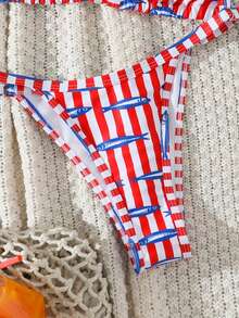 女士条纹印花挂脖系带泳衣套装（2件套） - 彩色 - 查看 4