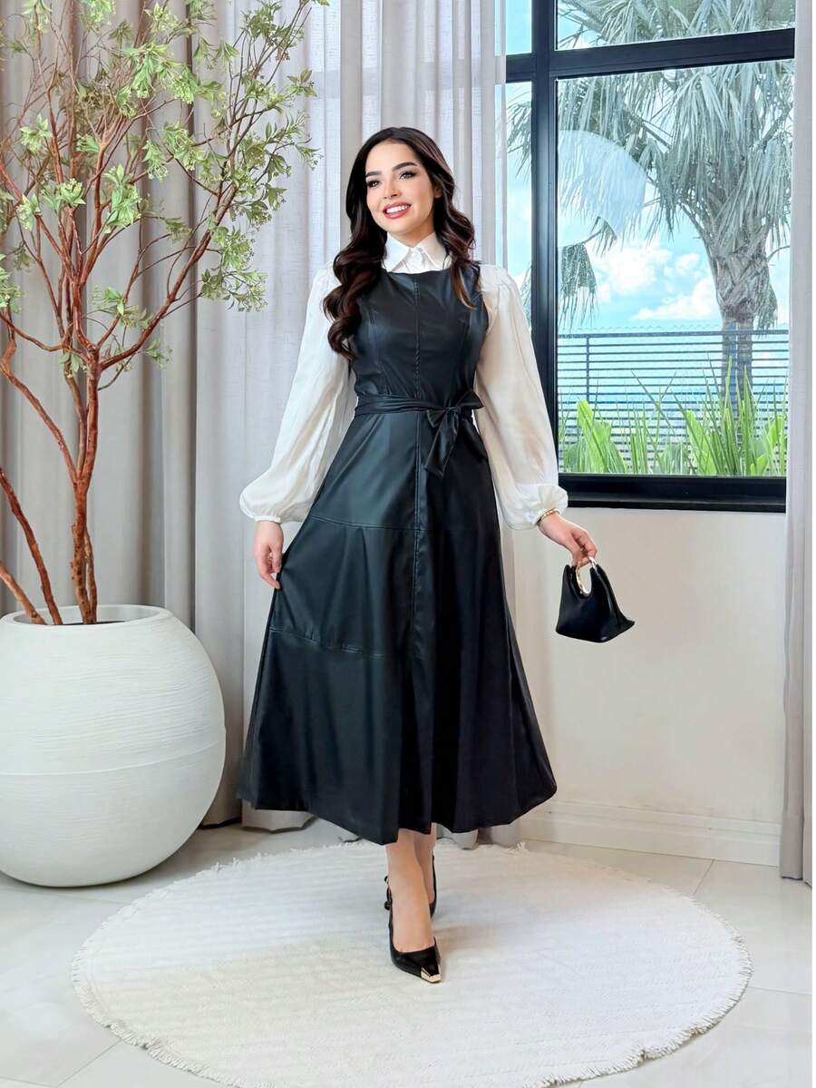 Midi Dress With A Flared, Fitted Waist In Faux Leather. Modest And Elegant Fashion. Conservative/Modest. Suitable For Parties, Casual Wear, Boho, Formal And Evening Wear, Office, Everyday Wear, Autumn/Winter. - 黑色 - 查看 1