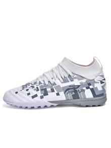 1 par de botines de fútbol de caña alta para hombres, zapatos deportivos de equipo para exteriores, adecuados para estudiantes, adolescentes y adultos, estilo campus, aptos para césped artificial, con cordones, disponibles en tallas pequeñas, botas de fútbol profesionales de alto rendimiento y peso ligero - plata - Ver 10