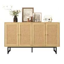 Sideboard 140x39.5x80 Cm With Genuine Rattan Weave, 4 Doors - Khaki - View 1