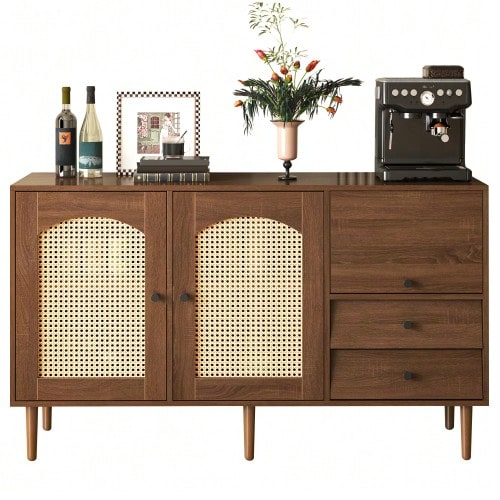 Country-Style Sideboard With Rattan Doors – 130 X 75.5 X 40 Cm – Magnetic Closure, Adjustable Shelves, Stable Structure – Elegant And Versatile Design [OLD SKU:WF298018019NAA] - Maroon - View 1
