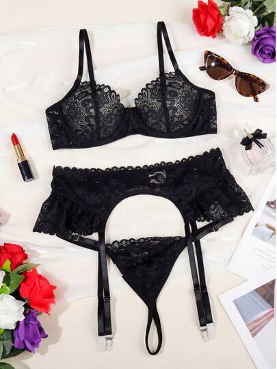 3pcs Sexy Lingerie Set For Women, Lace Mesh Camisole Bra
