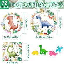 Dinosaur Theme Disposable Tableware Set, Including Plates, Napkins And Cups, Serves 24 Guests, Suitable For Birthday, Wedding, Party, Family Picnic And Other Occasions - Multicolor - View 3