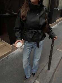 Amore 女士宽松短款高领休闲风衣，卡其色系带长款防风外套，复古夹克，适合办公室穿着，冬季外套，圣诞节，新年装扮 - 黑色 - 查看 8