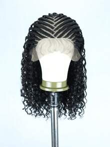 13"X7" Perruque bouclée faite main haute définition, perruque synthétique de couleur noire naturelle à texture ondulée avec des cheveux bébé, perruque à front de dentelle de 22" pour femmes - Noir - Voir 13