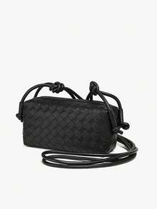Elegant Black Woven Mini Crossbody Bag For Women, Soft PU Leather Square Shoulder Bag With Cute Bow Decor, Detachable Long Strap, Woven Texture Handbag, Casual Daily Clutch, Minimalist Fashion Tote, Lightweight Shoulder Bag, Multifunctional Crossbody Bag Suitable For Work, Date, Travel, Shopping, Office, Fashion Woven Handbag, Sophisticated Evening Clutch, Durable Soft PU Leather Wristlet, Stylish Bow Decor Crossbody Bag - Black - View 4