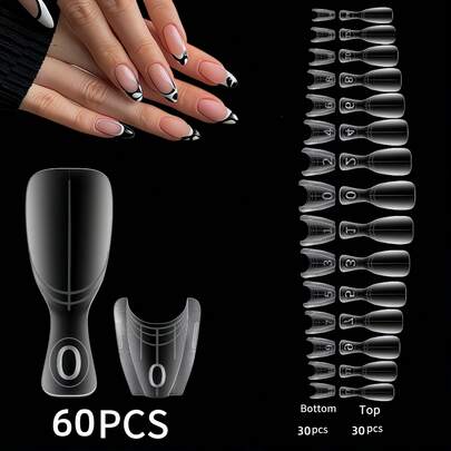 60pcs Oval Nail Forms, Short Sandwich Nail Extension Molds, 15 Sizes Reusable Plastic Nail Art Tools For Quick Nail Extension Without Paper Forms