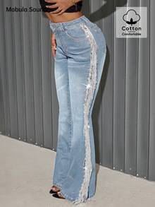Mobula Sound Casual Elegant Flared Jeans For Women, Versatile Fashion For Spring/Summer, Suitable For Casual, Holiday, Party, Travel, Airport , Comfortable Stretchy Skinny Fit - Blue - View 3