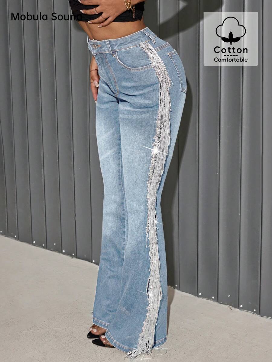 Jeans acampanados casuales y elegantes Mobula para mujer, moda versátil para primavera/verano, adecuados para uso casual, vacaciones, fiestas, viajes, aeropuerto, con un ajuste cómodo y elástico - Azul - Ver 1