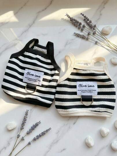 PETSIN 短款无袖条纹宠物背心，适合小型犬和猫（贵宾犬、泰迪犬、博美犬等），舒适，散毛设计，带牵引环