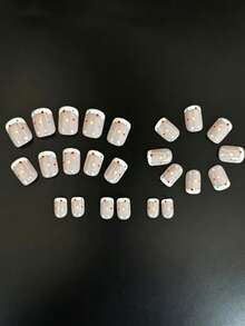 24pcs Colorful Polka Dot Pattern French Manicure Nail Stickers, Short Square Nude Cute Artificial Nails, White French Edge Suitable For All Seasons, Colorful Polka Dot Pattern, Short Artificial Nails, Nail Decor, Reusable, French Artificial Nails, Suitable For Ladies' Daily Commute, Work And Dates, Also Suitable As Gifts For Friends Who Like Sweet Style - Multicolor - View 4