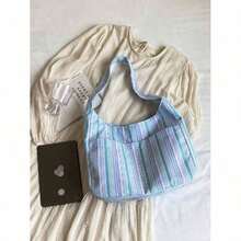 Large Capacity Women Cloth Tote Bag, Shoulder Bag, Casual Stripe Fabric Handbag , Pink , Beach - 藍色 - 查看 6