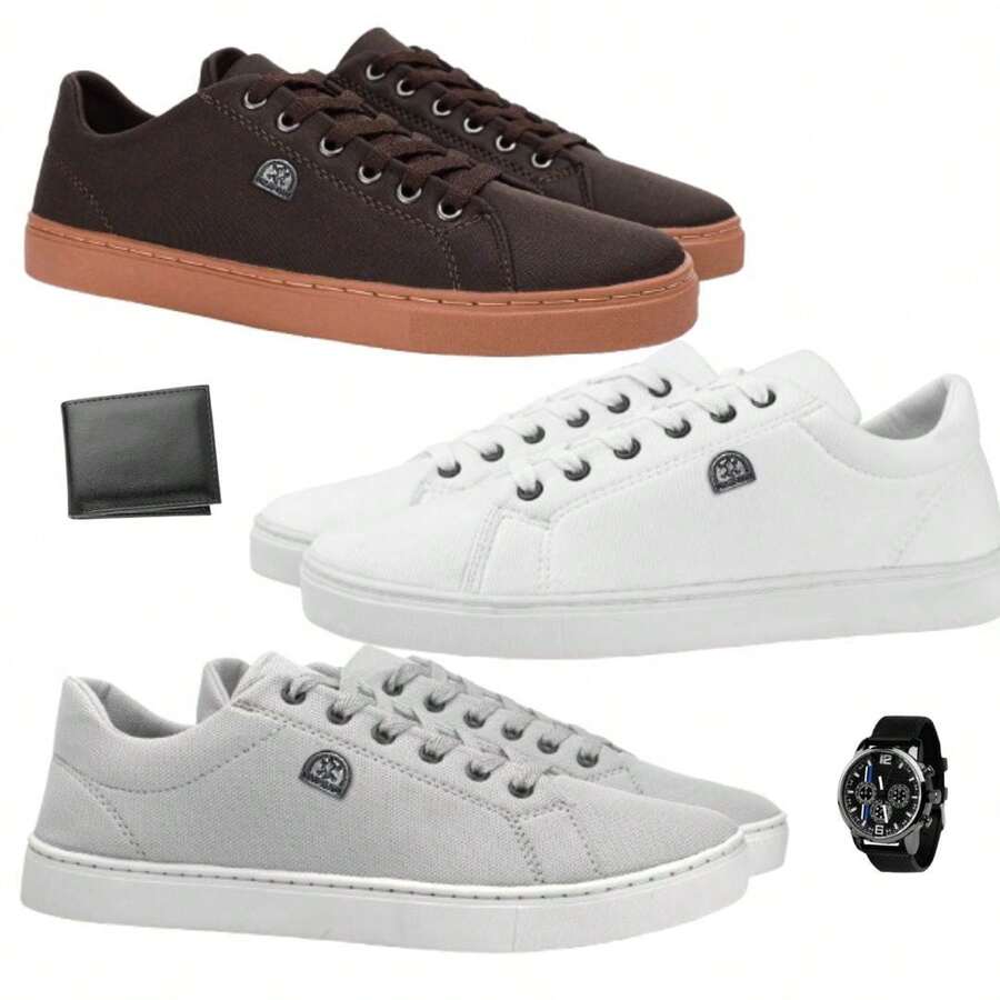 Kit Of 3 Pairs Of Men's Sneakers + Watch + Wallet - Complete Combo: Comfort, Style, And Savings - Unmissable! - 咖啡色/白色/灰色 - 查看 1
