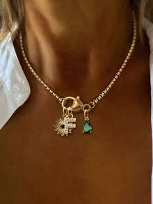 1pc Luxury Heart-Shaped 26 Full Diamond Letter Pendant Necklace, Stainless Steel Chain With Devil's Eye Pendant, Elegant Gift For Women Party - Yellow Gold - View 27