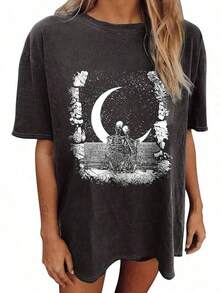 Women's Tops Letter Tee Graphic T-Shirts,Vintage Shirts For Women Cute Graphic Tee Spring Short Sleeve Tops Oversized Tshirts Unisex Halloween T-Shirt - 深灰色 #B - 查看 14