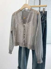 Áo khoác cardigan dệt kim mỏng nhẹ dành cho nữ, kiểu dáng giản dị, nhẹ nhàng, áo len ngắn thoáng mát, áo chống nắng mùa xuân/hè với họa tiết đan hở. - Xám - Xem 2