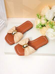1 Pair Girls' Woven Slide Sandals, Breathable Non-Slip Casual Children Shoes - Brown - View 8