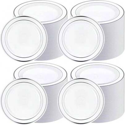 50/25/10/1 Pcs White Base With Double Silver Rim Plates, Including 10.25-Inch Large Plates And 7.5-Inch Small Plates, Ideal For Family Gatherings, Birthday Parties, Outdoor Events, Holiday Parties, Weddings, Suitable For Multiple Occasions