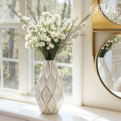 1pc Minimalist White Vase With Gold Trim, Resin Creative Decorative Vase, Suitable For Home Decor, Living Room, Dining Table, Bedroom
