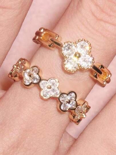 1 Set de Anillos de Calidad de Miles de Dólares con Brillo de Iris Viral, Set de Anillos de Trébol de Cuatro Hojas