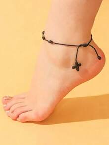 2pcs Fashionable Beach Style Minimalist Lucky Cross Woven Anklet Set For Women - Black Red Cross - View 5
